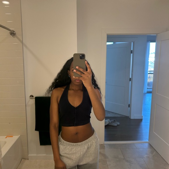 Navy Blue Ribbed Crop Top - Picture 2 of 2